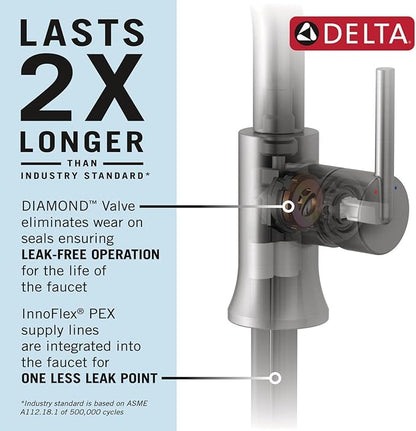 Delta Roe Brushed Gold Bathroom Faucet 1 Hole, Single Hole Bathroom Sink Faucet for Vanity, Push-Pop Drain Assembly, Brushed Gold 15985LF-GB