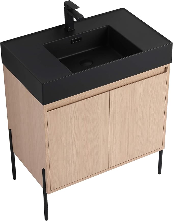Crownpoint 30 Inch Bathroom Vanity with Sink, Black Sink, White Oak Finish, Full Assembly Required, Elegant Bathroom Vanities for Modern Homes