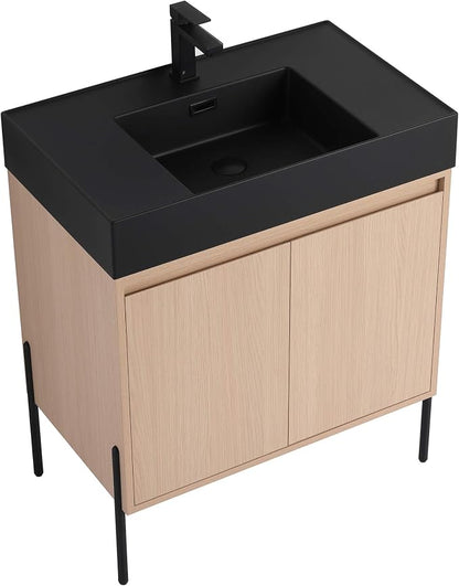 Crownpoint 30 Inch Bathroom Vanity with Sink, Black Sink, White Oak Finish, Full Assembly Required, Elegant Bathroom Vanities for Modern Homes