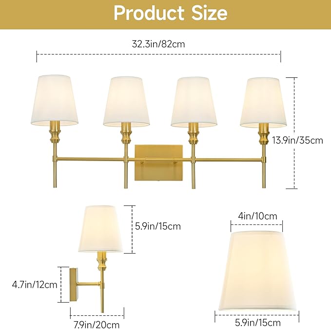 Bathroom Lights Over Mirror, 32.3 in 4-Light Bathroom Vanity Light, Brass Bathrooms Light Fixtures with Flared White Fabric Lampshade for Bedroom,Living Room,Dressing Table,Hardwired,E12 Base