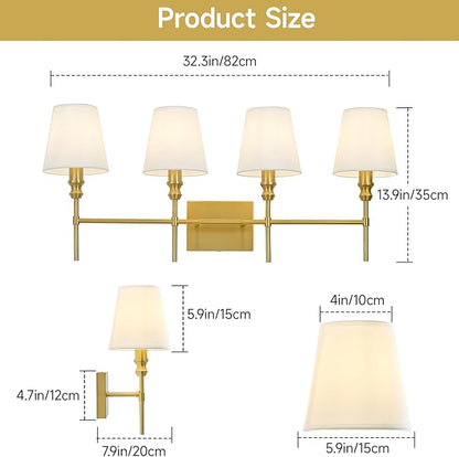 Bathroom Lights Over Mirror, 32.3 in 4-Light Bathroom Vanity Light, Brass Bathrooms Light Fixtures with Flared White Fabric Lampshade for Bedroom,Living Room,Dressing Table,Hardwired,E12 Base