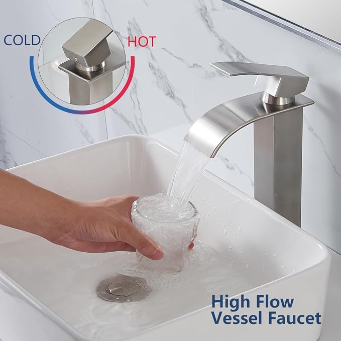Tall Bathroom Vessel Sink Faucet, Brushed Nickel Tall Waterfall Single Handle 1 Hole Bathroom Vessel Sink, Bowl Wash Basin Lavatory Vanity Faucets with Pop-up Drain