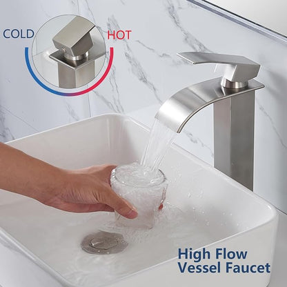 Tall Bathroom Vessel Sink Faucet, Brushed Nickel Tall Waterfall Single Handle 1 Hole Bathroom Vessel Sink, Bowl Wash Basin Lavatory Vanity Faucets with Pop-up Drain