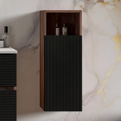 12" Bathroom Side Cabinet, Modern Striped Storage Cabinet with Soft-Closing Door & Open Shelf, Large Storage for Small Bathroom, Apartment, Hotel, Walnut+Black