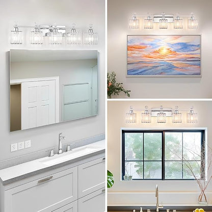 Lxybcce Bathroom Vanity Lights Over Mirror - Easy Installation with Clear Guide, 5-Light Shadow-Free Design, Chrome Crystal Finish - for Modern Home Bathroom Lighting Fixtures in DIY Projects