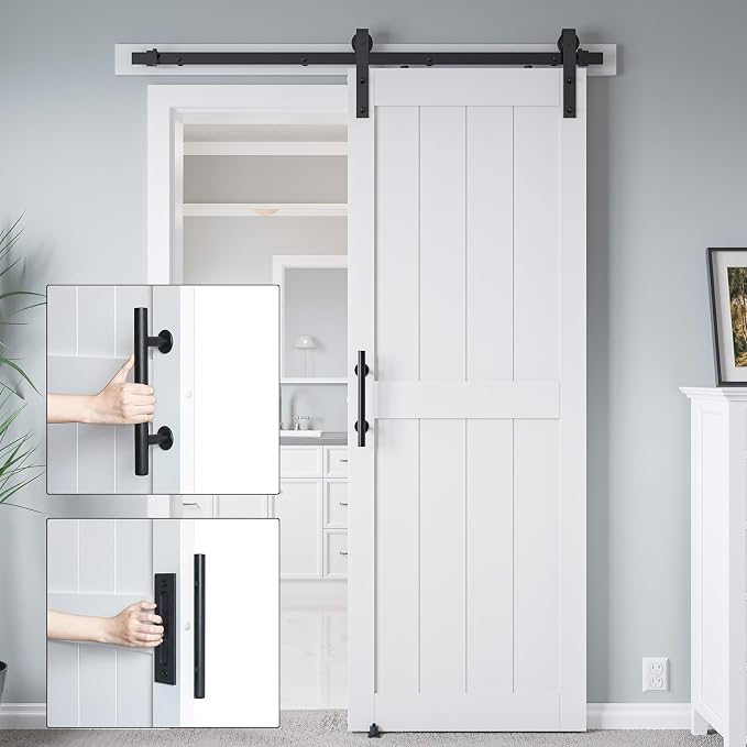 32in x 80in MDF Sliding Barn Door with 6ft Barn Door Hardware Kit & Handle | White Solid Barn Door Slab Covered with Water-Proof PVC Surface, Pre-Drilled Holes Easy Assembly, H-Frame