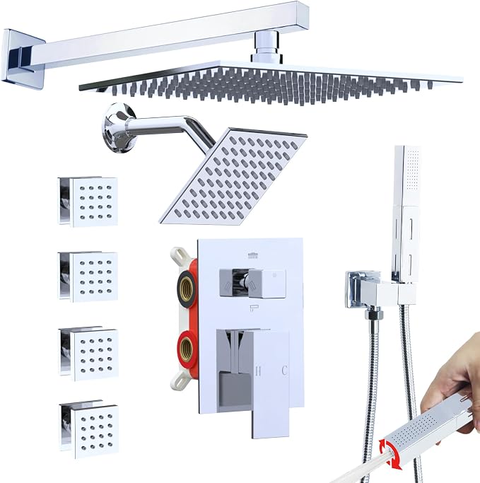 Enga Dual Heads Shower System with Body Jets, Shower Faucet Set 10 Inch Rainfall with 6 Inch Showerhead, 4 Body Jets with 2 in 1 Handheld Spray, Chrome