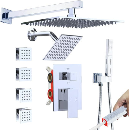 Enga Dual Heads Shower System with Body Jets, Shower Faucet Set 10 Inch Rainfall with 6 Inch Showerhead, 4 Body Jets with 2 in 1 Handheld Spray, Chrome