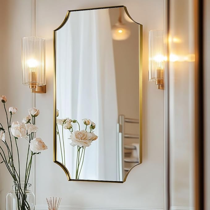 Gold Scalloped Rectangle Mirror, 24x40 Inch Rectangle Bathroom Mirror, Accent Rectangular Mirror with Scalloped Edge Corner, Brass Bathroom Mirror with Anti-Rust Finish, Horizontal/Vertical