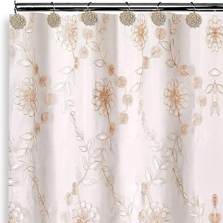 Zahari Home 13pc Rose Vine Bathroom Sheer Shower Curtain Sets Sheer Shower Curtain & 12 Shower Bathroom Hooks Modern Classic Luxury Contemporary Decor Beige Shower Curtain Set
