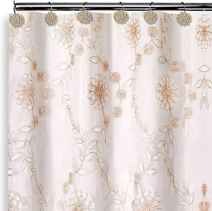 Zahari Home 13pc Rose Vine Bathroom Sheer Shower Curtain Sets Sheer Shower Curtain & 12 Shower Bathroom Hooks Modern Classic Luxury Contemporary Decor Beige Shower Curtain Set