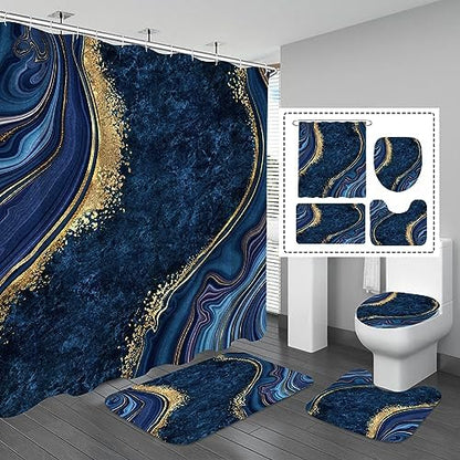 Gibelle 4 Pcs Luxury Marble Shower Curtain Set with Non-Slip Rugs, Toilet Lid Cover and Bath Mat, Gold Foil Navy Blue Bathroom Decor Set with Shower Curtain and Rugs and Accessories