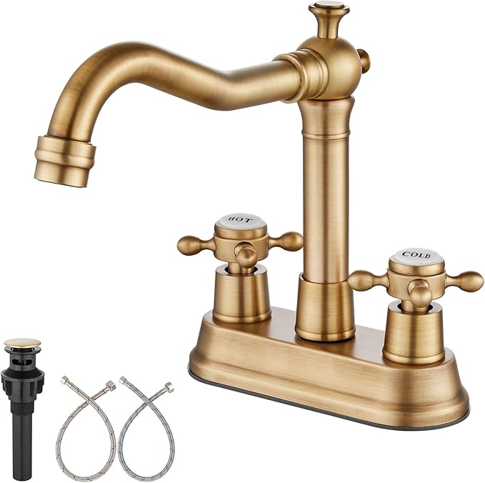 Aolemi 4 Inch Centerset Bathroom Sink Faucet Vintage 2 Cross Handle RV Mixer Tap Basin Vanity Lavatory Utility for Sink 3 Hole Include Hoses Pop Up Drain Faucet Handle with Label Antique Brass