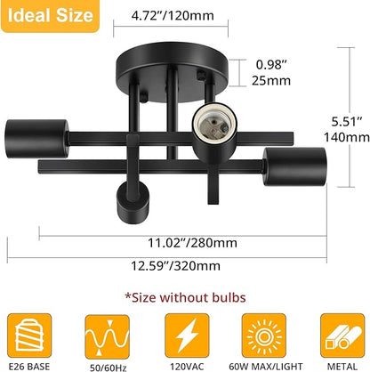 SunRider Industrial 4-Light Semi Flush Mount Ceiling Light Fixture, Modern Farmhouse Lights Matte Black, Rustic Sputnik Chandelier for Bedroom Foyer