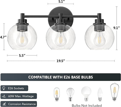 VONLUCE 3 Light Bathroom Vanity Light Fixtures, Black Finish | Globe Glass Shades, E26 Sockets, Easy to install, Vanity Lights for Bedroom Hallway Living Room