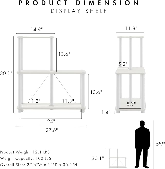 Homes: Inside + Out Apexa Modern 3-Cube Ladder Shelving Units, Collectibles Display Shelves, Easy Assembly Standing Shelf, Home Storage Organizer for Living Room, Bedroom, Office, White