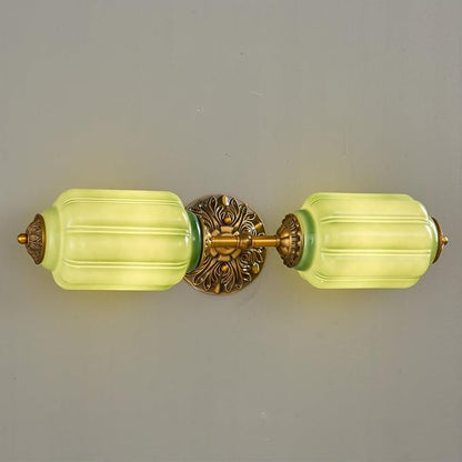 2-Light Vintage Bathroom Light Fixtures, Milk Glass Retro Vanity With Light Green Shade & Gold Carved Metal, Hardwired Antique Wall Sconce For Living Room, Bedroom, Dining Room, Kitchen (Green)