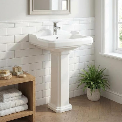 GarveeHome Rectangular Pedestal Sink, 23"L x 19"W White Ceramic Bathroom Vanity Sink, Features Single Faucet Hole and Overflow