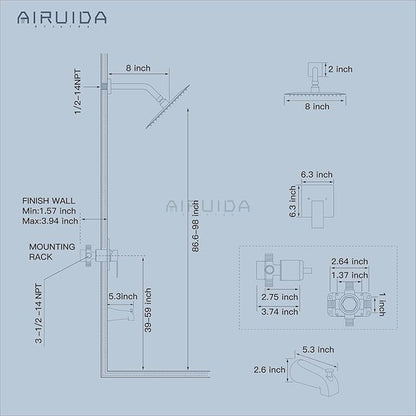 Airuida 8 Inch Shower Faucet Set,Bathtub Faucet Kit,Brushed Nickel | Shower Tub Faucet Set,Male Threads Rough-In Valve,Square Head Shower System