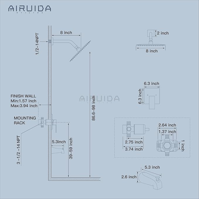 Airuida 8 Inch Shower Faucet Set,Bathtub Faucet Kit,Matte Black | Shower Tub Faucet Set,Male Threads Rough-In Valve,Square Head Shower System