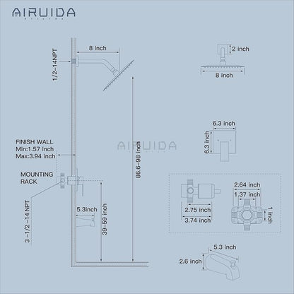 Airuida 8 Inch Shower Faucet Set,Bathtub Faucet Kit,Matte Black | Shower Tub Faucet Set,Male Threads Rough-In Valve,Square Head Shower System