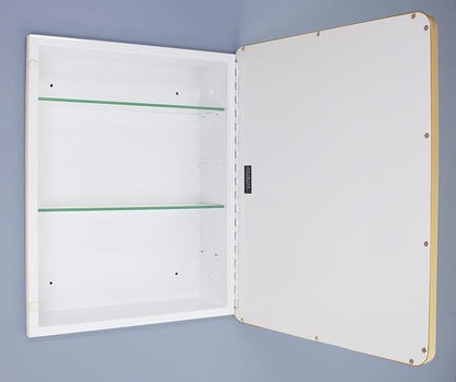 16x20 Austin Farmhouse Metal Framed Rounded Rectangle Recessed Bathroom Medicine Cabinet, Beveled Mirror, 14x18 in-Wall Opening, powder-coated Steel, Adjustable Glass Shelves, Magnet Close, Gold