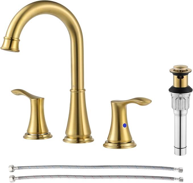 Brushed Gold Widespread Bathroom Sink Faucet 8 Inch for Vanity | with All Metal Pop Up Drain, High Arc 2 Handle Lead-Free Deck Mount Bathroom Faucet for 3 Hole Lavatory Utility Sink