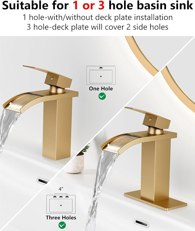 Waterfall Bathroom Faucet 1 Hole, Single Hole Bathroom Faucet, Single Handle Vanity Sink Faucet with Deck Plate, Pop-up Drain & Supply Lines, Gold