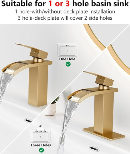Waterfall Bathroom Faucet 1 Hole, Single Hole Bathroom Faucet, Single Handle Vanity Sink Faucet with Deck Plate, Pop-up Drain & Supply Lines, Gold