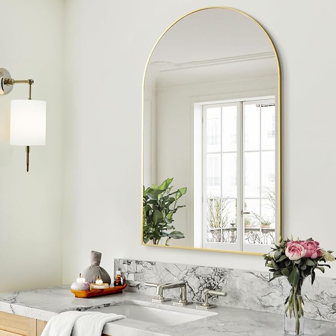 BEAUTYPEAK Wall Mounted Mirror, 26 inch x38 inch Arch Bathroom Mirror, Gold Vanity Wall Mirror w/ Metal Frame for Bedroom, Entryway, Living Room | Wall Mounted Vanity Metal Frame Mirror for Bedroom, Entryway, Living Room, Fireplace