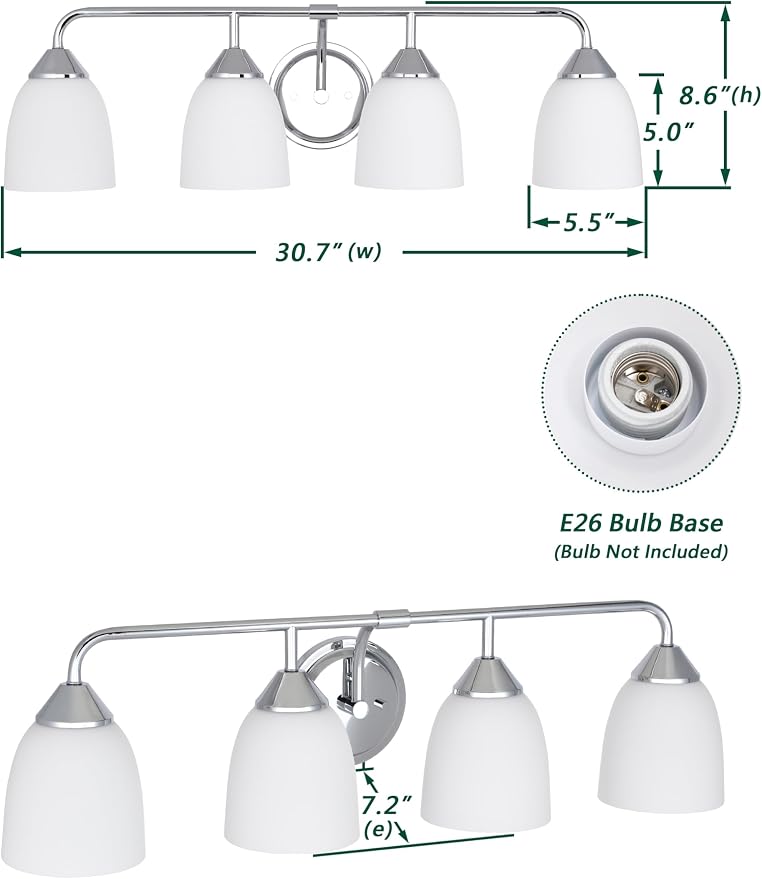 Chrome 4-Light Traditional Bathroom Vanity Light Fixtures Over Mirror, Modern Vanity Lights for Living Room, Standard E26 Base, Chrome