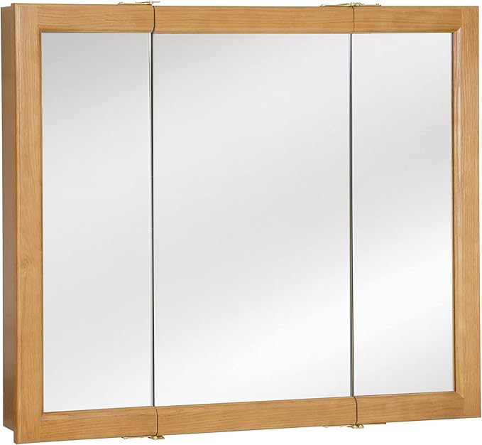 Design House Richland Medicine Cabinet, Fully Assembled, Wall Mounted, 3 Mirrored Doors, Wood Frame, Oak Finish, 36 in x 4.75 in x 30 in, 530576-NOK