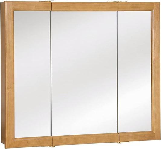 Design House Richland Medicine Cabinet, Fully Assembled, Wall Mounted, 3 Mirrored Doors, Wood Frame, Oak Finish, 36 in x 4.75 in x 30 in, 530576-NOK