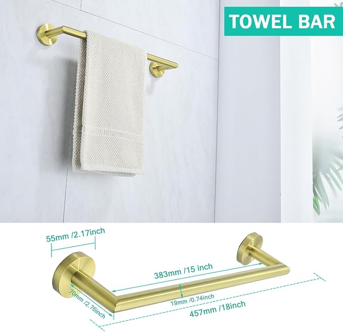 Towel Bar Set 4-Pieces Brushed Gold Bathroom Hardware Set, 18 Inch Stainless Steel Towel Rack Kit,Towel Rod Coat Hook and Toilet Paper Holder Wall Mounted Bathroom Accessories Set