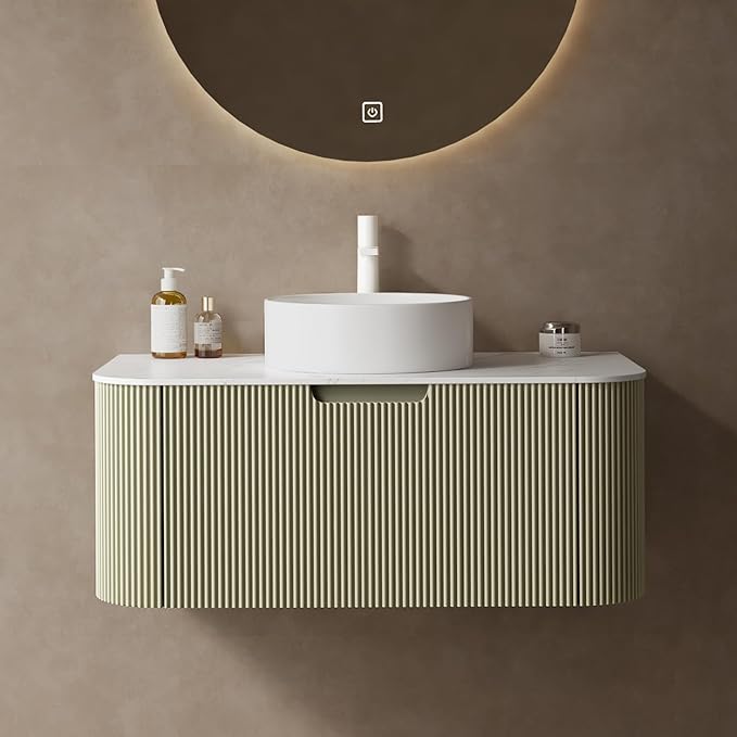 Yayzy 36" Floating Bathroom Vanity with Sink, Solid Wood Fluted Cabinet, White Round Ceramic Basin & Faux Marble Top, Soft-Close Drawer, Pre-Assembled, Light Green