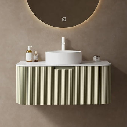 Yayzy 36" Floating Bathroom Vanity with Sink, Solid Wood Fluted Cabinet, White Round Ceramic Basin & Faux Marble Top, Soft-Close Drawer, Pre-Assembled, Light Green