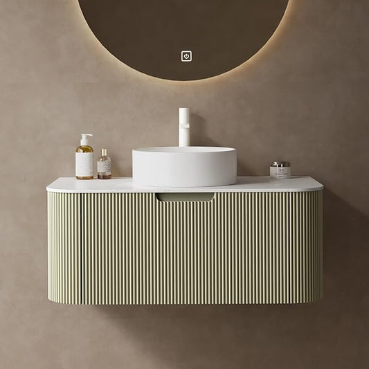 Yayzy 36" Floating Bathroom Vanity with Sink, Solid Wood Fluted Cabinet, White Round Ceramic Basin & Faux Marble Top, Soft-Close Drawer, Pre-Assembled, Light Green