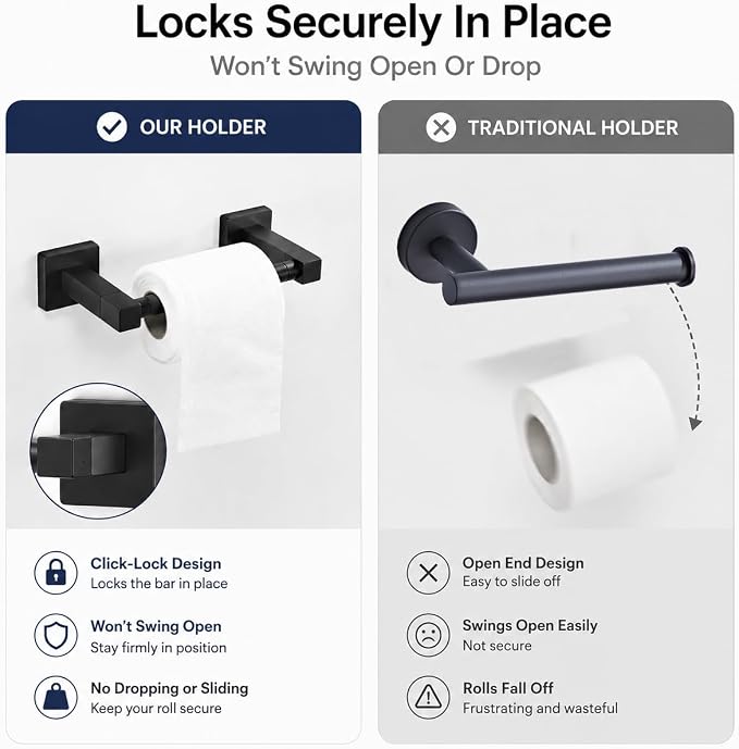 Matte Black Toilet Paper Holder Wall Mount, Bathroom Toilet Paper Holder for SUS 304 Stainless Steel, Double Post Pivoting Square Toilet Paper Roll Holder for Bathroom RV Paper Towels for TP