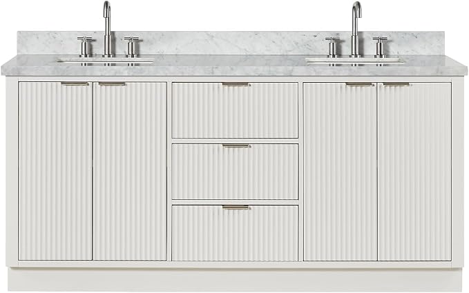 ARIEL Milan 72-inch Bathroom Vanity with Sink,Solid Wood, 1.5-inch Italian Carrara Marble Countertop, Double Rectangular Porcelain Sink, 4 Soft Closing Doors, 3 Dovetail Drawers, Warm White