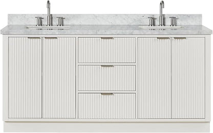 ARIEL Milan 72-inch Bathroom Vanity with Sink,Solid Wood, 1.5-inch Italian Carrara Marble Countertop, Double Rectangular Porcelain Sink, 4 Soft Closing Doors, 3 Dovetail Drawers, Warm White