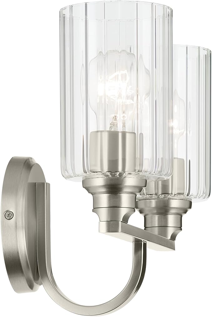 Kichler Gioe 14.25" 2-Light Vanity Light with Clear Fluted Glass in Brushed Nickel, Damp Rated, for Bathroom, Powder Room, Over a Mirror, (14.25" W x 10.5" H), 55225NIFLU
