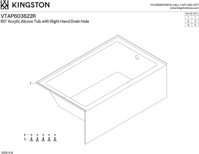 Kingston Brass Aqua Eden VTAP603622R 60-Inch Acrylic Alcove Tub with Right Hand Drain, White