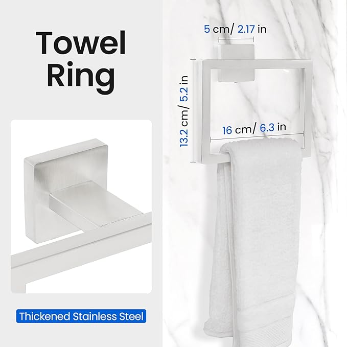 FAHKNS 10 PCS Bathroom Hardware Accessories Set 23.6 Inch Stainless Steel Bath Towel Bar Set Square Towel Ring Set for Bathroom Wall Mounted, Silver