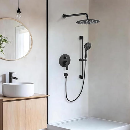 gotonovo Slide Bar Shower System Faucet Set Complete,Matte Black,10 Inch | Rain Round Shower Head with 6-Modes Handheld Spray,Valve and Trim Kit Included,Bathroom Wall Mount,All Metal,2-In-1 Diverter