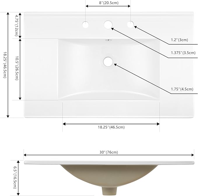 JONATHAN Y SNK1002A Ancillary 3-Hole 30 in. W x 18.25 in. D Classic Contemporary Rectangular Ceramic Single Sink Basin Vanity Top, White