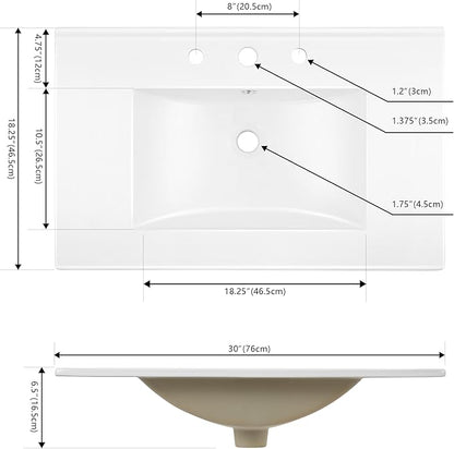 JONATHAN Y SNK1002A Ancillary 3-Hole 30 in. W x 18.25 in. D Classic Contemporary Rectangular Ceramic Single Sink Basin Vanity Top, White