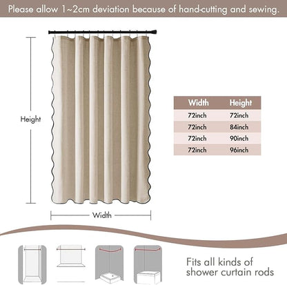 MIULEE 84" Long Beige Scalloped Linen Shower Curtain 72W x 84L | 12 metal hooks, Linen scalloped, waterproof washable, thick heavy cloth, black border, boho farmhouse, bathroom hotel use