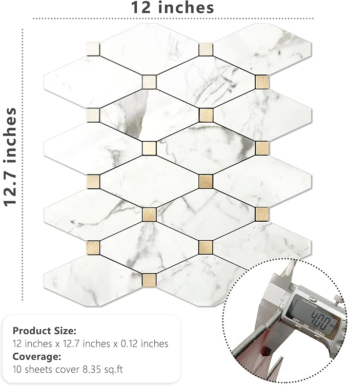 STICKGOO 10 Sheets Peel and Stick Backsplash, Polished Carrara White | PVC Mixed Metal Gold, Waterproof, Self Adhesive Tiles for Kitchen Wall, Bathroom, RV