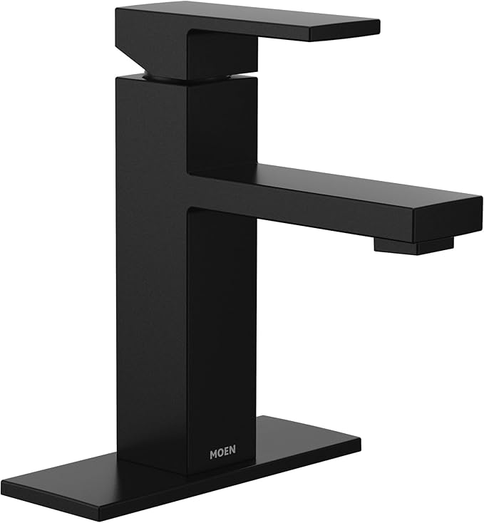 Moen Revyl Matte Black One-Handle Single Hole Modern Bathroom Sink Faucet with Optional Deckplate and Spring Loaded Drain Assembly, 84771BL