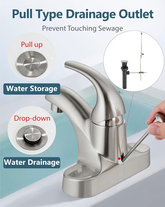 4-Inch Centerset Bathroom Sink Faucet with Drain, Brushed Nickel | Single-Handle Vanity Faucet with Lift Rod Drain, 24-Inch Supply Lines, 1.2 GPM, 3-Hole Deck Mount, Easy Installation